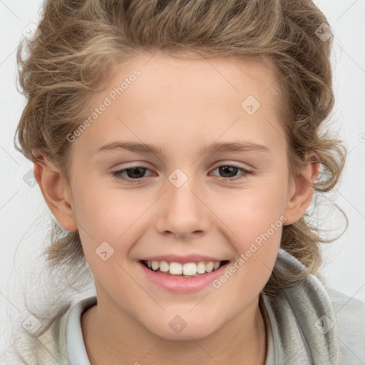 Joyful white child female with medium  brown hair and brown eyes