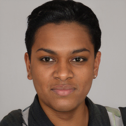 Joyful black young-adult female with short  black hair and brown eyes