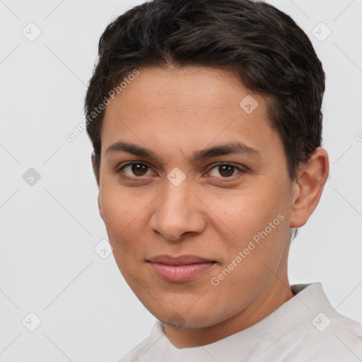 Joyful white young-adult female with short  brown hair and brown eyes