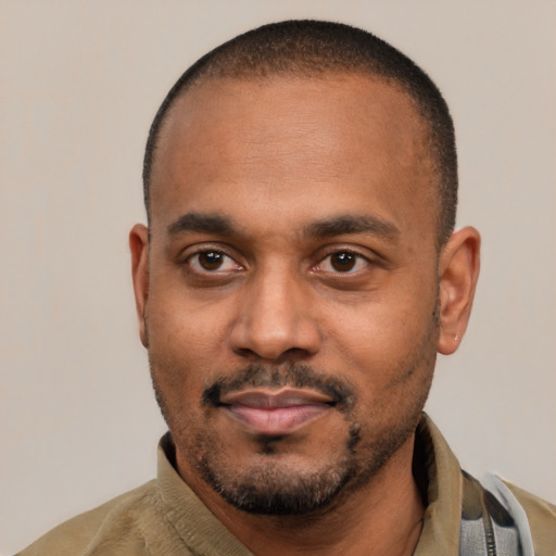 Neutral latino adult male with short  black hair and brown eyes