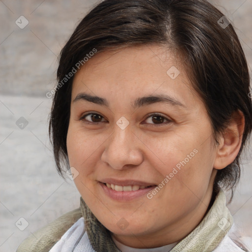 Joyful white young-adult female with medium  brown hair and brown eyes