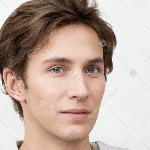 Neutral white young-adult male with short  brown hair and grey eyes