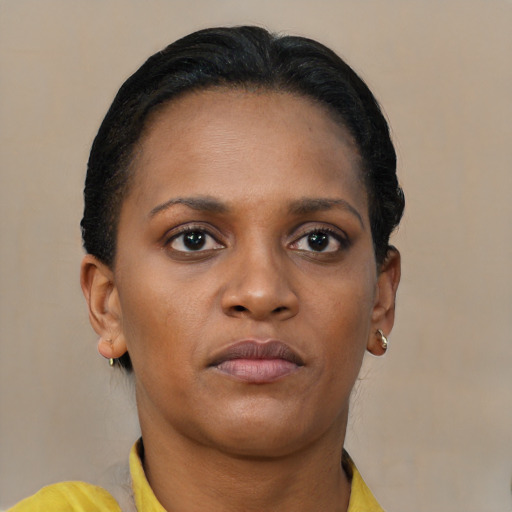 Neutral black young-adult female with short  brown hair and brown eyes