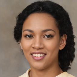 Joyful latino young-adult female with medium  black hair and brown eyes