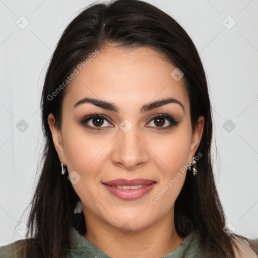 Joyful white young-adult female with long  brown hair and brown eyes