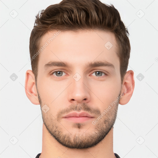 Neutral white young-adult male with short  brown hair and brown eyes