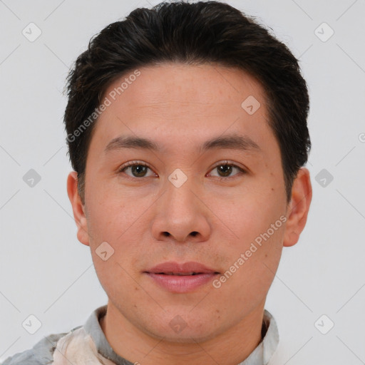 Neutral asian young-adult male with short  brown hair and brown eyes