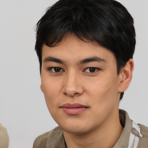 Neutral white young-adult male with short  black hair and brown eyes