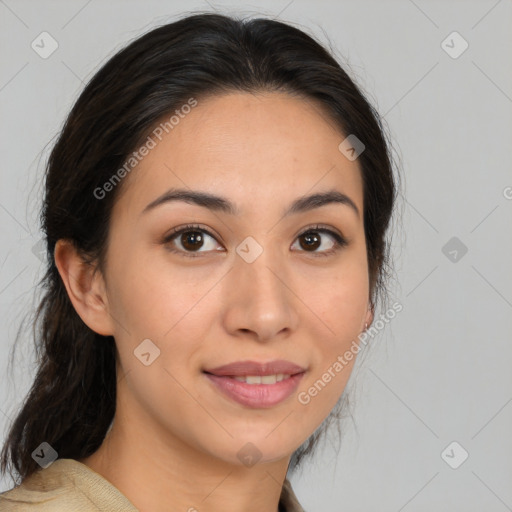 Joyful latino young-adult female with medium  brown hair and brown eyes