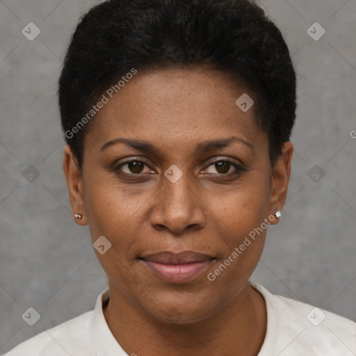 Joyful black young-adult female with short  black hair and brown eyes