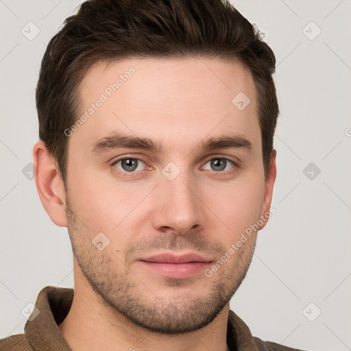 Neutral white young-adult male with short  brown hair and grey eyes