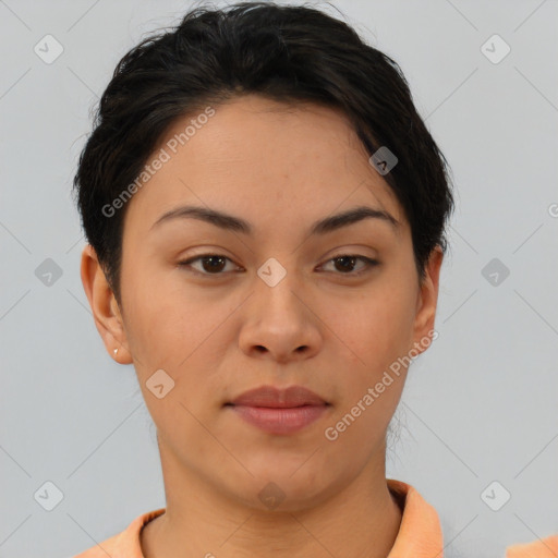 Neutral latino young-adult female with short  brown hair and brown eyes