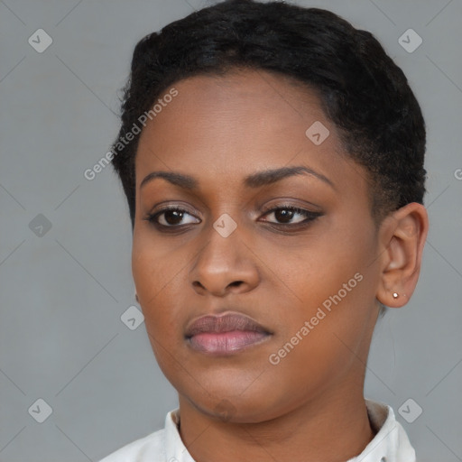 Neutral black young-adult female with short  black hair and brown eyes