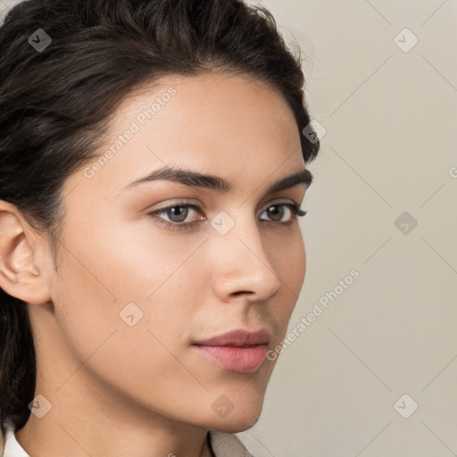 Neutral white young-adult female with medium  brown hair and brown eyes