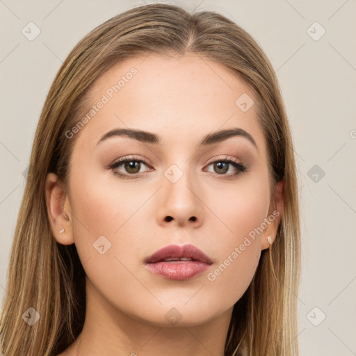 Neutral white young-adult female with long  brown hair and brown eyes