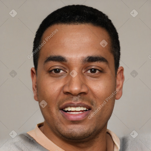 Joyful black young-adult male with short  black hair and brown eyes