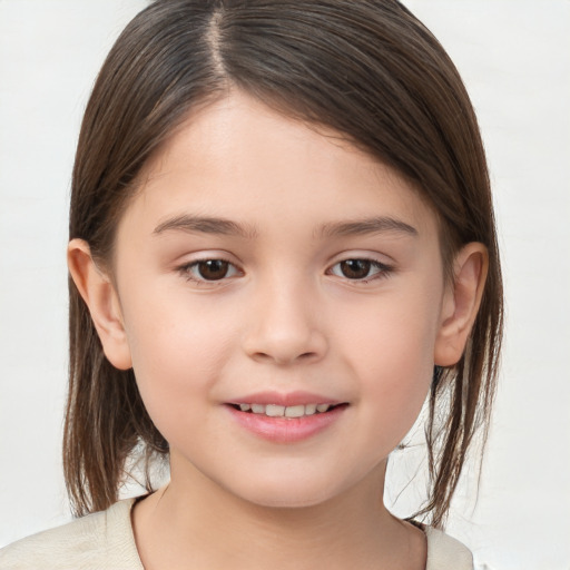 Joyful white child female with medium  brown hair and brown eyes