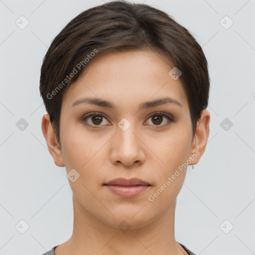 Neutral white young-adult female with short  brown hair and brown eyes