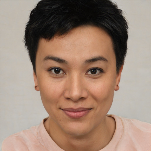 Joyful asian young-adult female with short  black hair and brown eyes