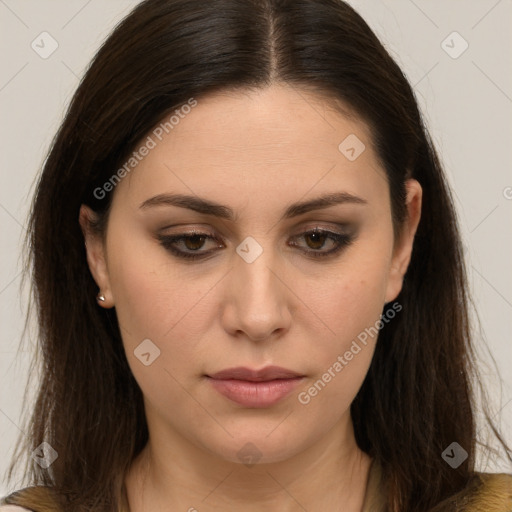 Neutral white young-adult female with long  brown hair and brown eyes