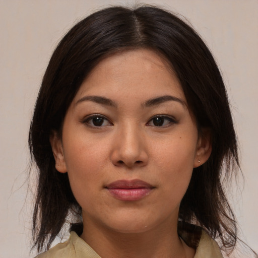 Neutral asian young-adult female with medium  brown hair and brown eyes