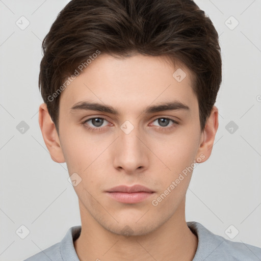 Neutral white young-adult male with short  brown hair and brown eyes