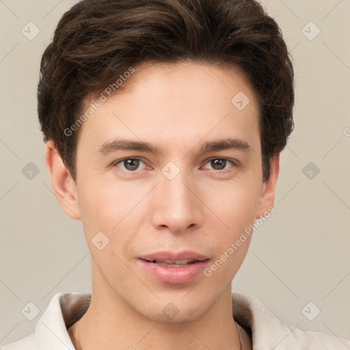 Neutral white young-adult male with short  brown hair and brown eyes