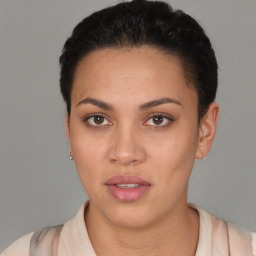 Neutral white young-adult female with short  brown hair and brown eyes