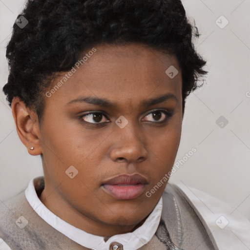 Neutral black young-adult female with short  brown hair and brown eyes
