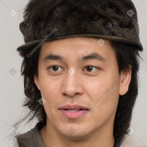 Joyful white young-adult male with medium  brown hair and brown eyes