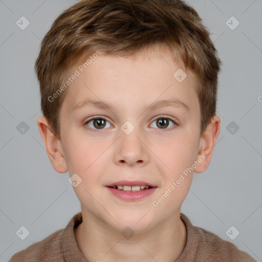 Joyful white child male with short  brown hair and brown eyes