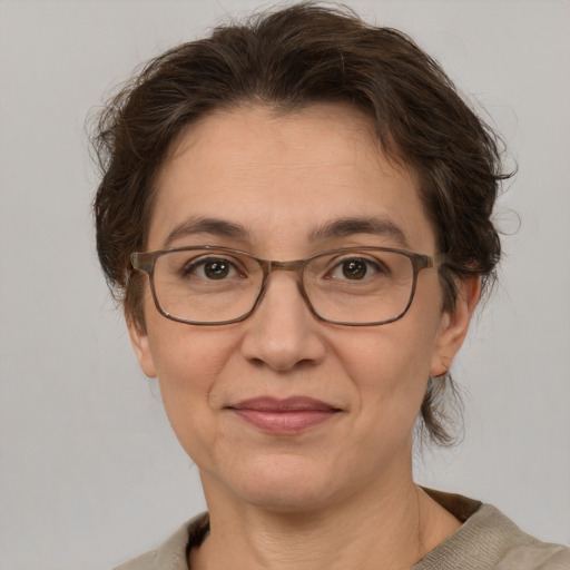 Joyful white adult female with medium  brown hair and grey eyes