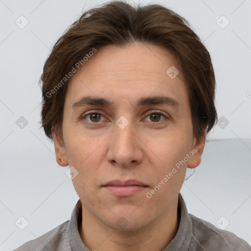 Neutral white adult male with short  brown hair and brown eyes