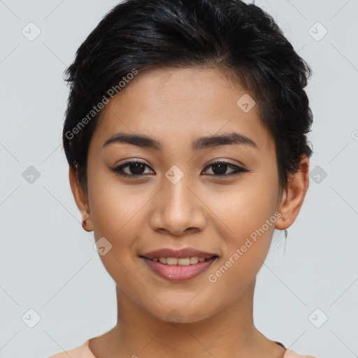 Joyful latino young-adult female with short  brown hair and brown eyes