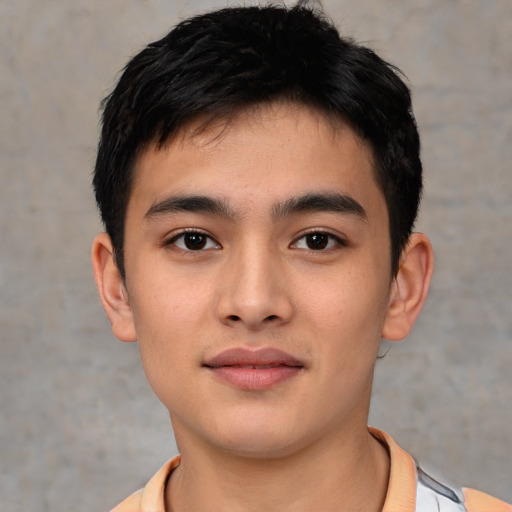 Neutral asian young-adult male with short  black hair and brown eyes