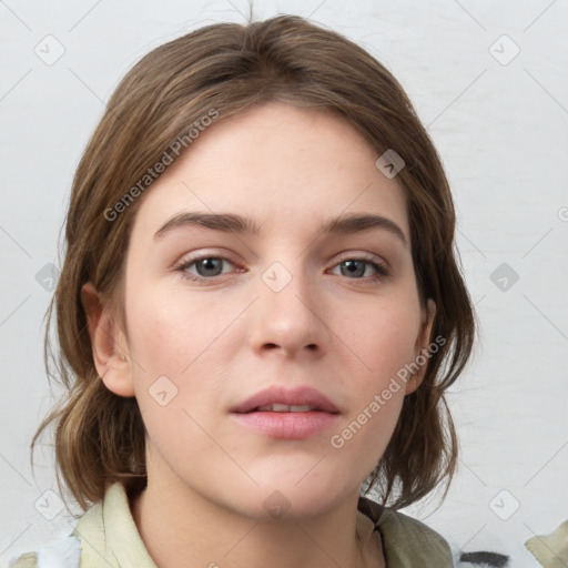 Neutral white young-adult female with medium  brown hair and grey eyes