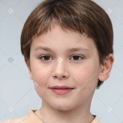 Joyful white child female with short  brown hair and brown eyes