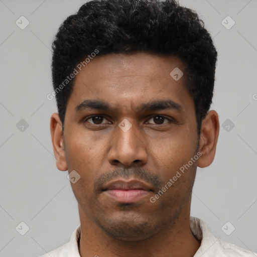 Neutral latino young-adult male with short  black hair and brown eyes