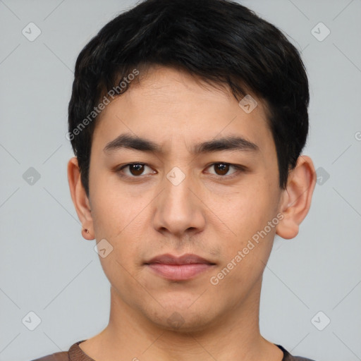 Neutral white young-adult male with short  black hair and brown eyes