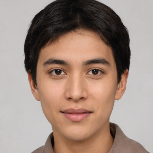 Neutral asian young-adult male with short  black hair and brown eyes