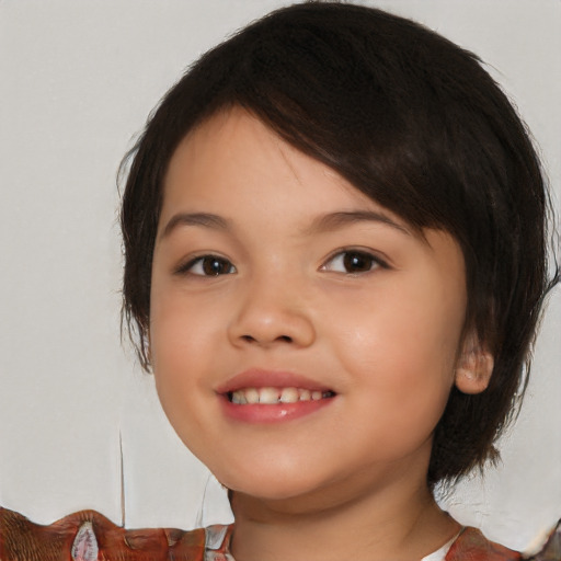 Joyful white child female with medium  brown hair and brown eyes