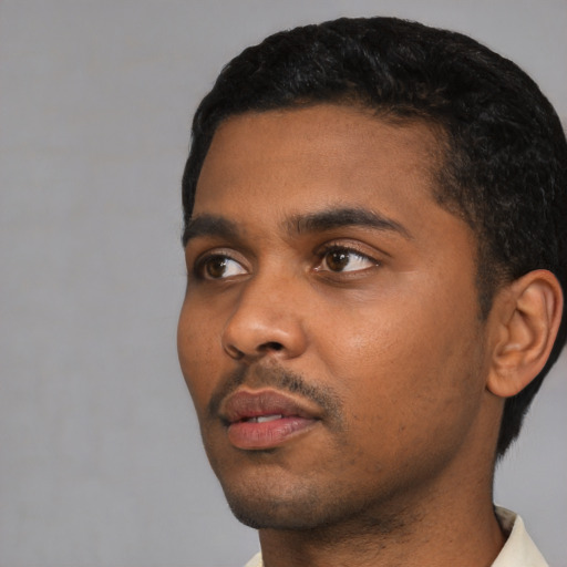 Neutral black young-adult male with short  black hair and brown eyes
