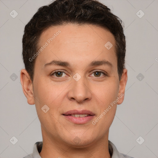 Joyful white adult female with short  brown hair and brown eyes