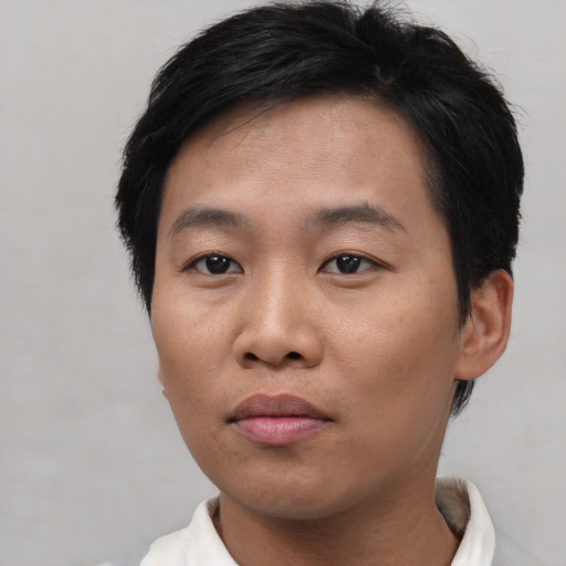 Neutral asian young-adult male with short  black hair and brown eyes