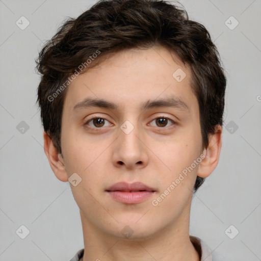 Neutral white young-adult male with short  brown hair and brown eyes