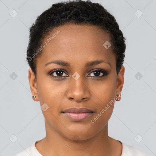 Joyful black young-adult female with short  brown hair and brown eyes