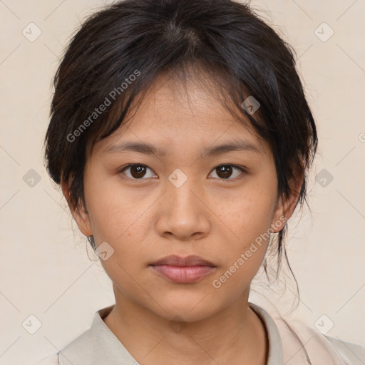 Neutral asian young-adult female with medium  brown hair and brown eyes