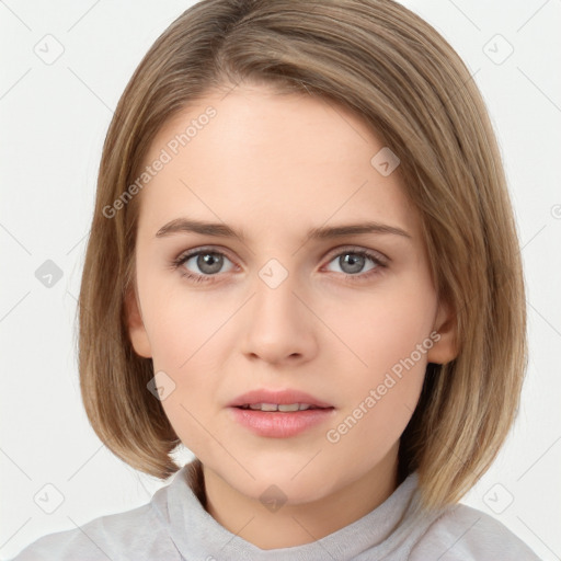 Neutral white young-adult female with medium  brown hair and brown eyes