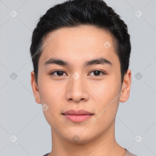 Neutral asian young-adult male with short  black hair and brown eyes