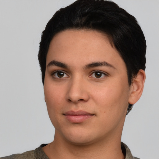 Neutral white young-adult female with short  black hair and brown eyes